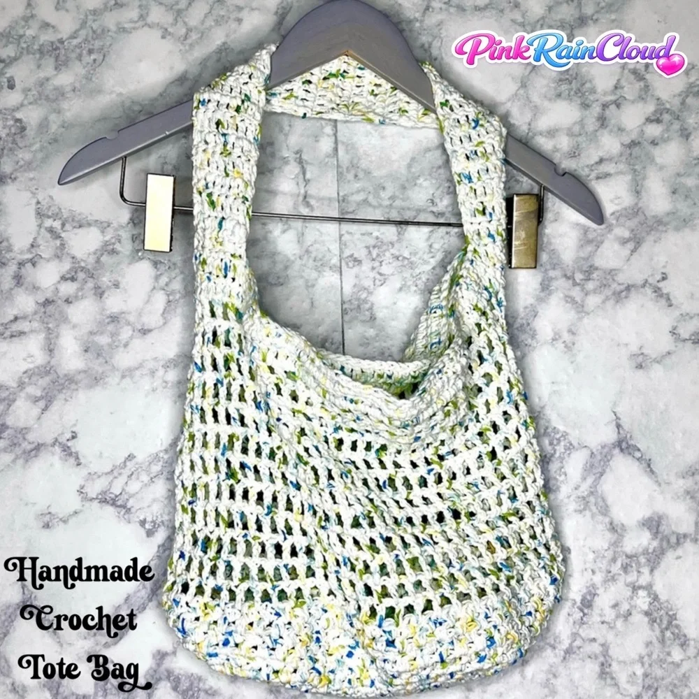 Handmade Crochet Market Beach Eco Friendly 100% Cotton Tote Bag PinkRainCloud